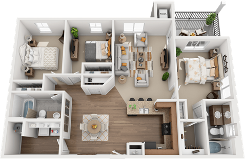 3 Bed, 2 Bath Floor Plan at Falls at Riverwoods Apartments & Townhomes, Utah